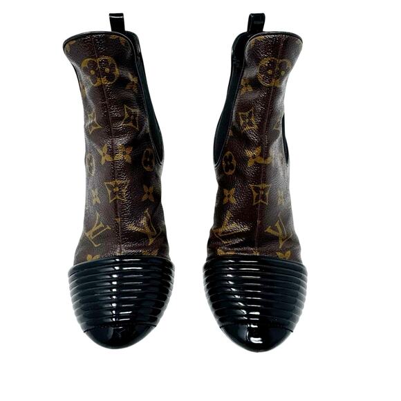 Louis Vuitton Monogram Revival Ankle Boots Size 37 Brown Logo Leather Block Heel - Picture 2 of 8